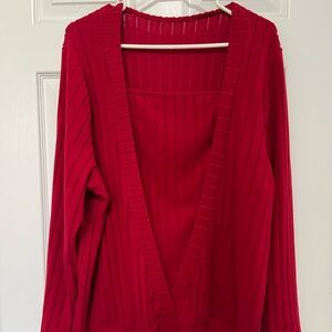 Red V-Neck Ribbed Sweater